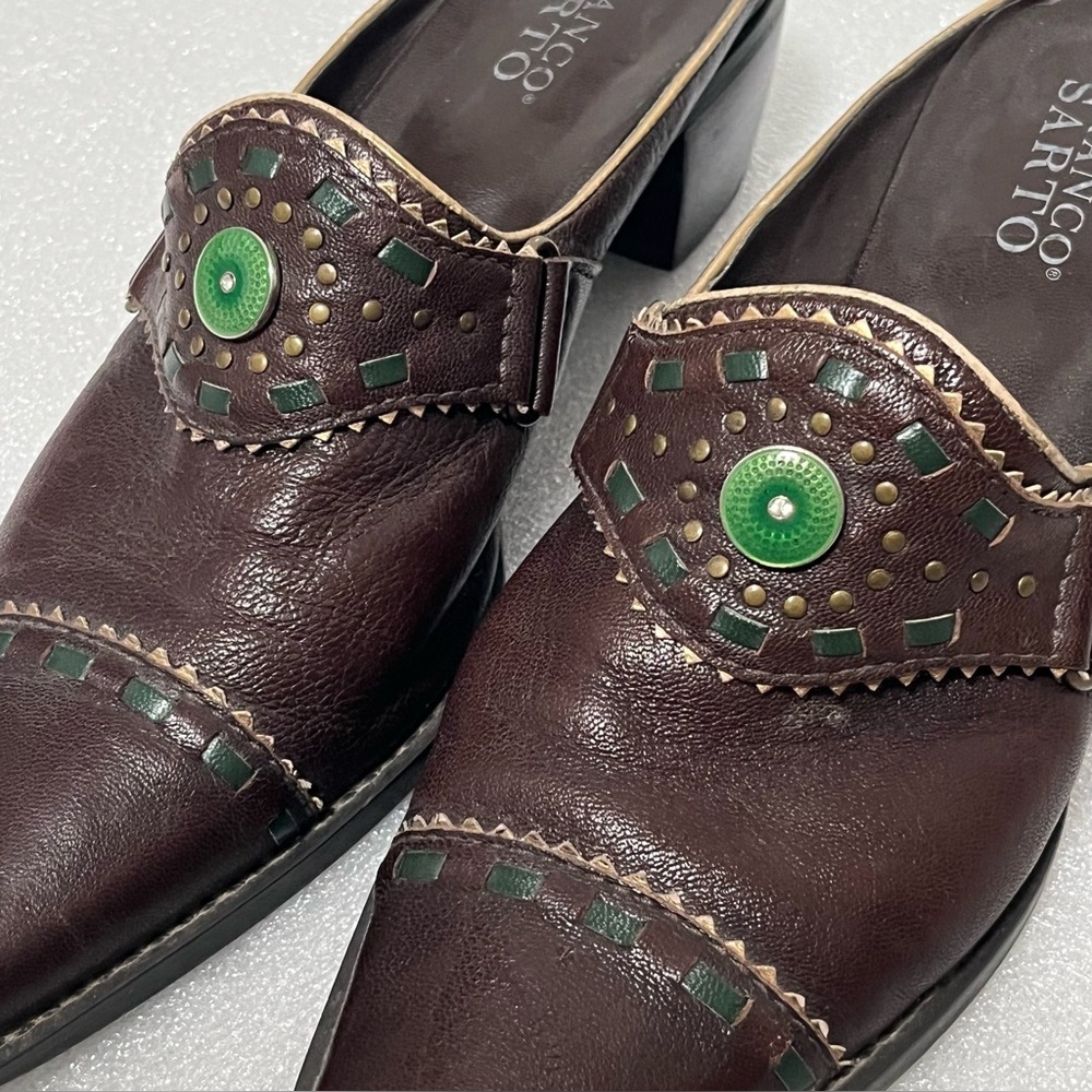 Franco Sarto Vintage 90s eclectic Western brown Leather block heel studded Mules - Picture 7 of 7